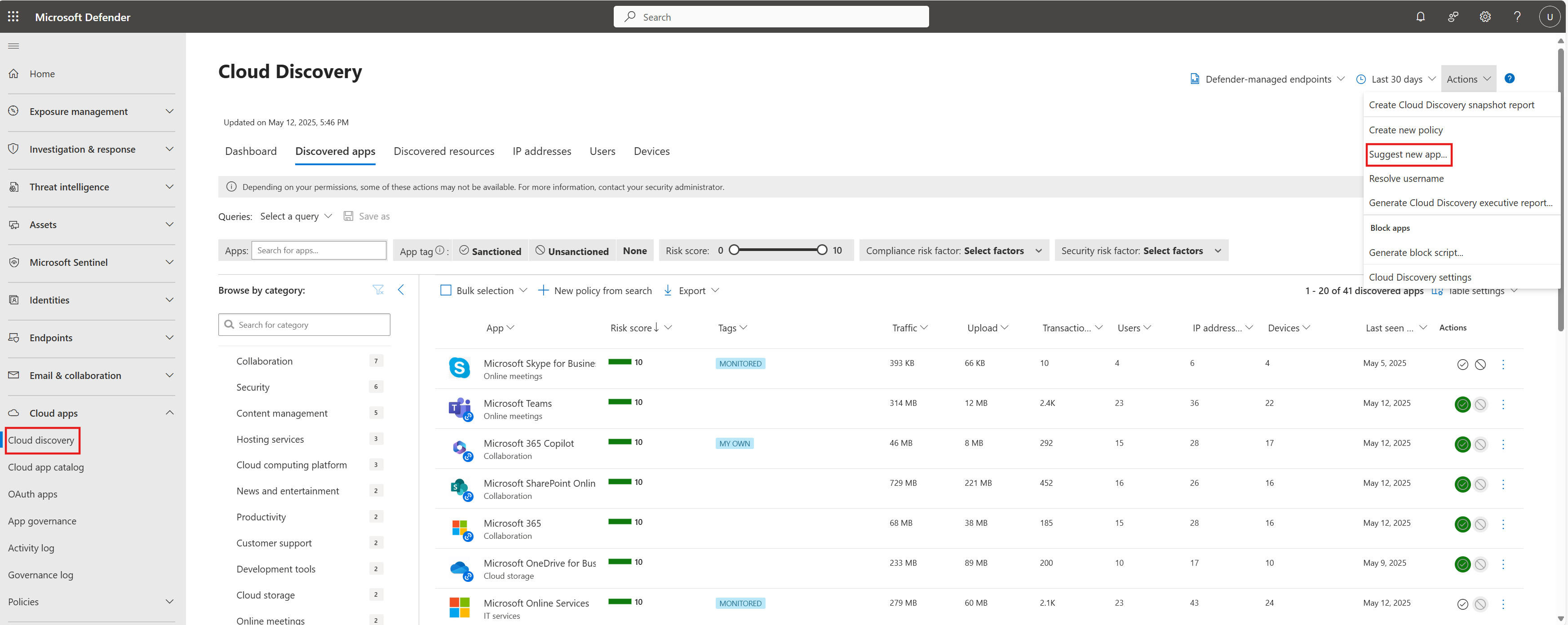 Screenshot showing the **Suggest an app** menu item in Defender for Cloud Apps.