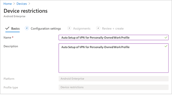 The devices configuration profile Name and Description fields in the Basics pane