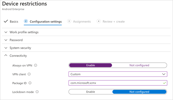 The Connectivity pane under the Configuration settings tab