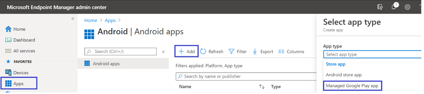Screenshot that shows the application-adding pane in the Microsoft Intune admin center portal