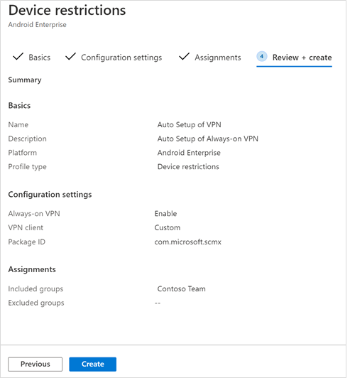 A devices configuration profile 's provision for Review + create