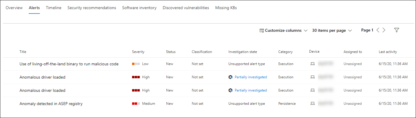 The tab of the alerts related to the device