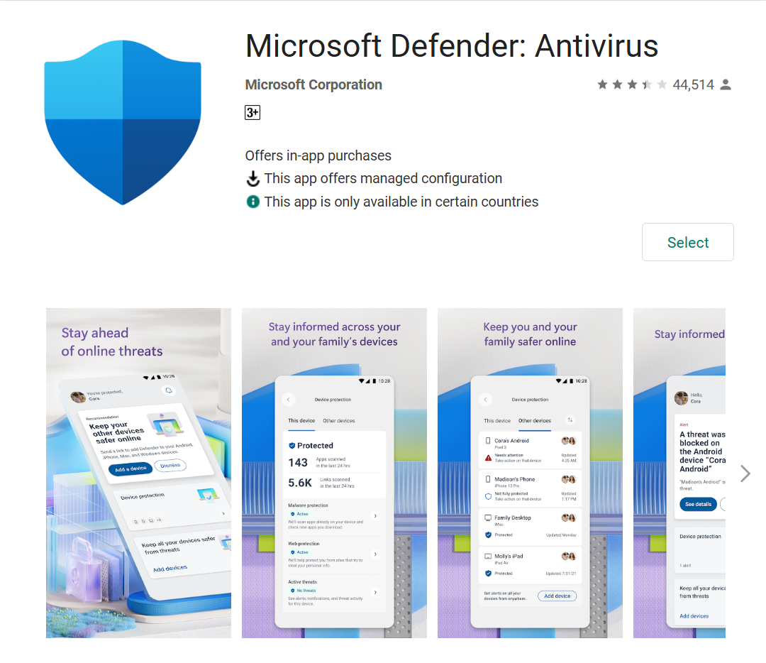 Screenshot of the Microsoft Defender app page in the store.