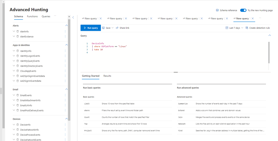 The Advanced Hunting page in the Microsoft Defender portal. Microsoft Defender for Endpoint attack surface reduction rules used in advanced hunting