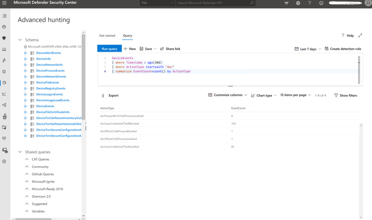 The Advanced hunting query results in the Microsoft Defender portal