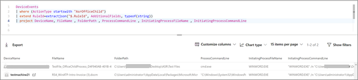 The Advanced hunting query focused results in the Microsoft Defender portal
