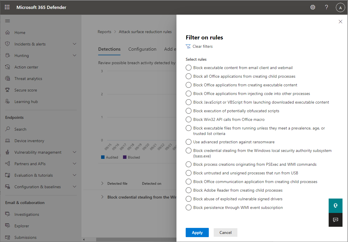 The Attack surface reduction rules detections filter on rules
