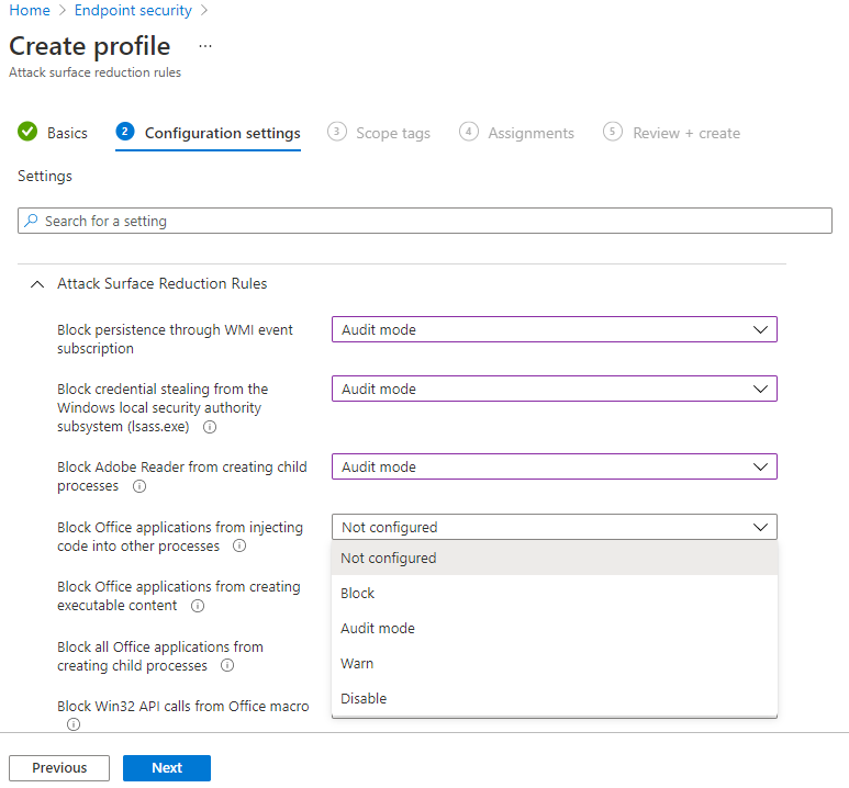 The configuration of attack surface reduction rules to Audit mode