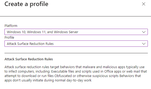 The profile creation page for ASR rules