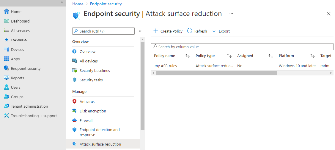 The Attack surface reduction page