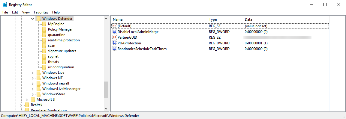 The registry key for Microsoft Defender Antivirus