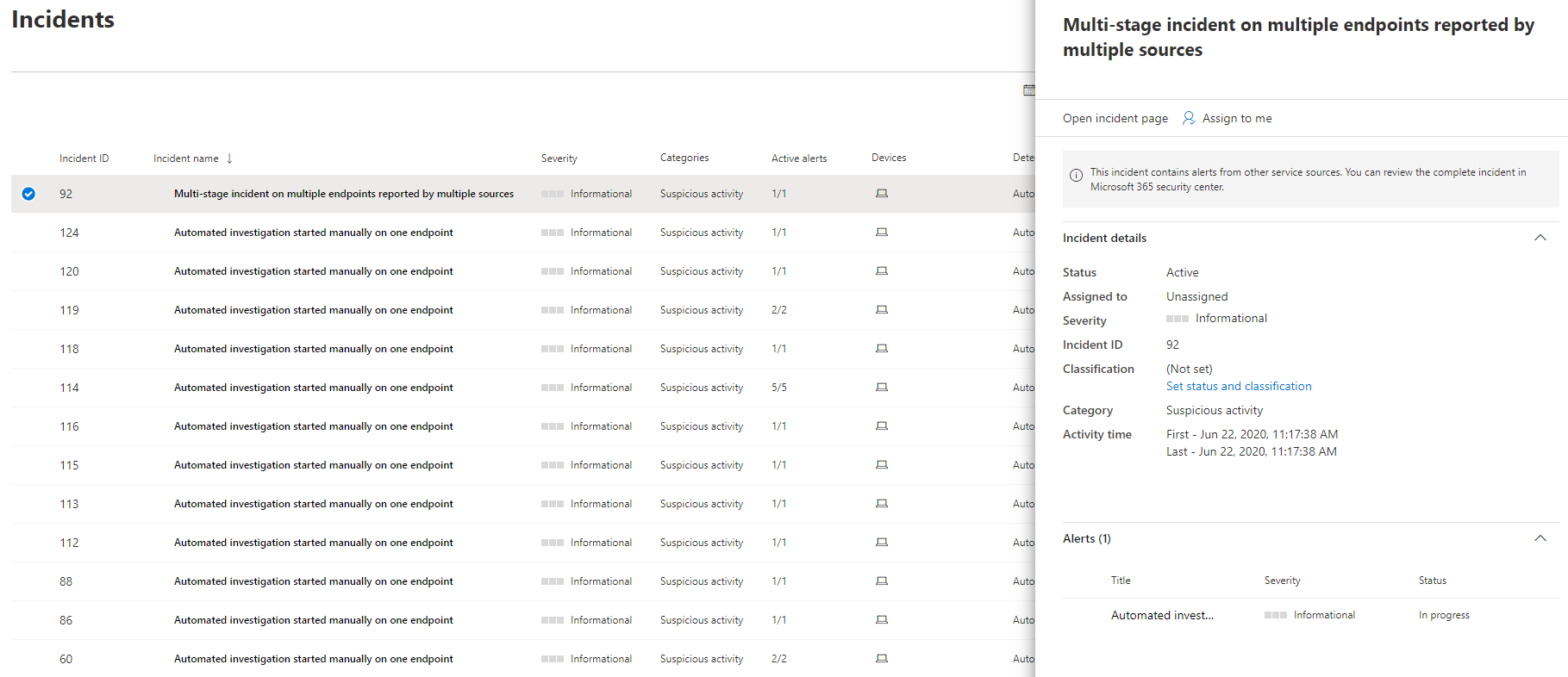 The incidents management pane
