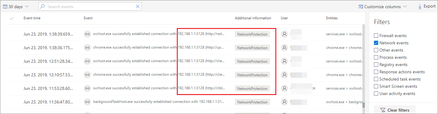 The network events on device's timeline