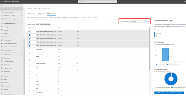 Shows the ASR rules report add exclusions tab.