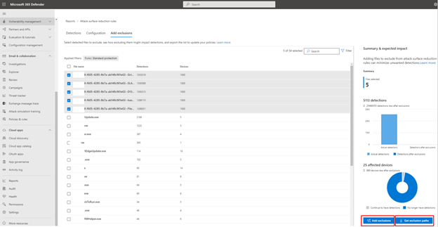 Shows the ASR rules report add exclusions tab flyout impact summary.