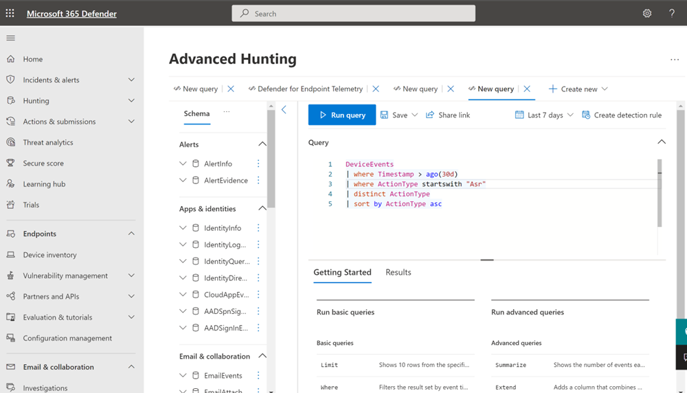 Shows the attack surface reduction rules report main detections tab flyout link opening Advanced Hunting