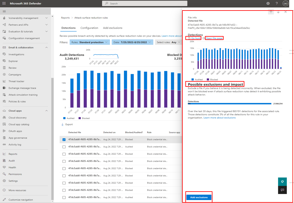 Shows the ASR rules report main detections tab flyout