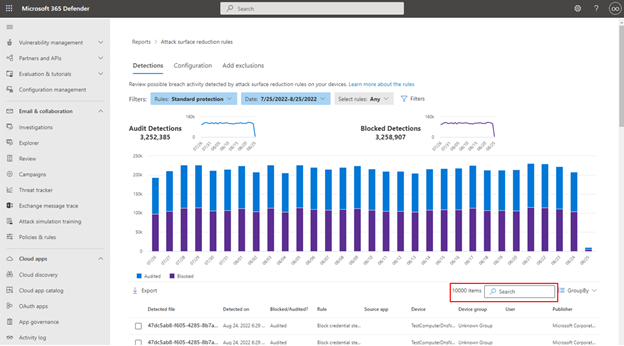 Screenshot that shows the attack surface reduction rules report search feature.