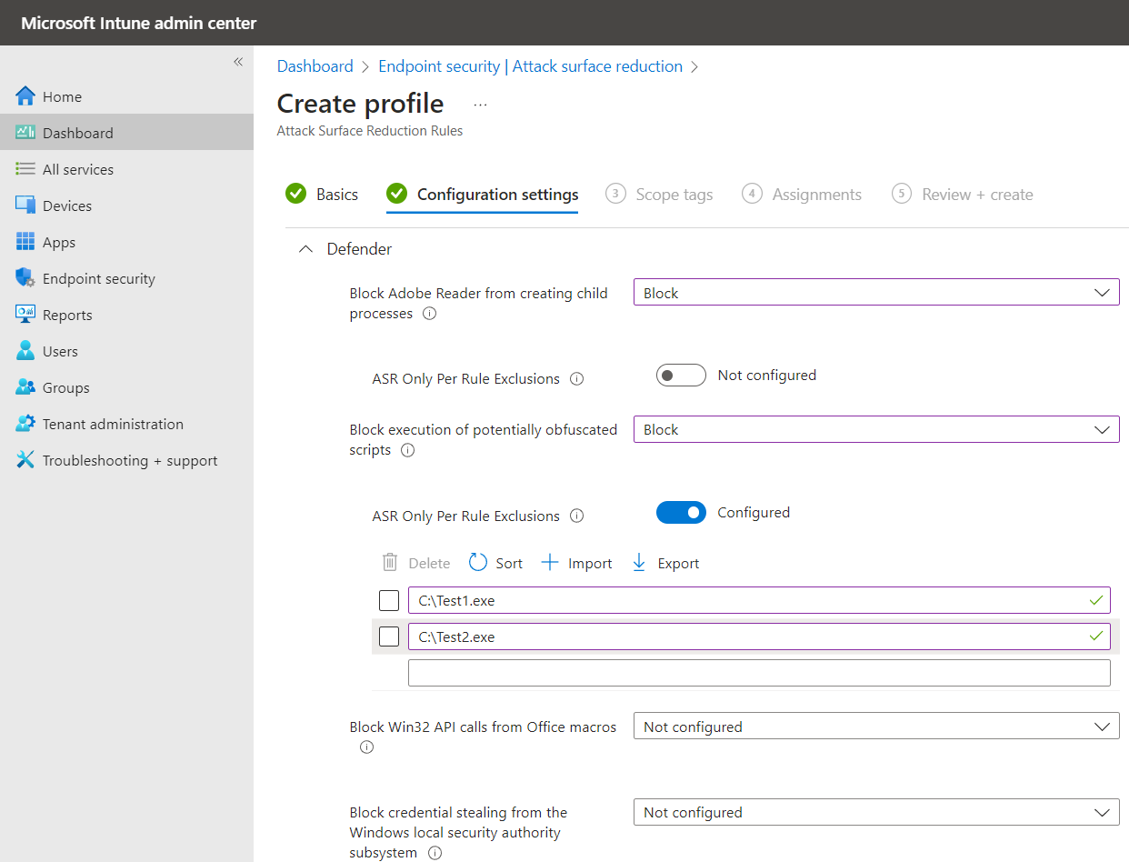 Screenshot that shows the configuration settings for adding ASR per-rule exclusions.