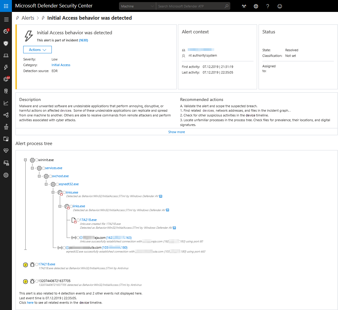 The Alerts page with an alert through behavioral blocking and containment