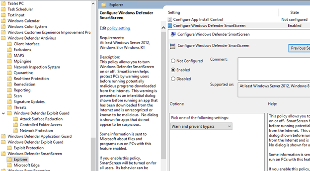 Configure windows defender smart screen explorer