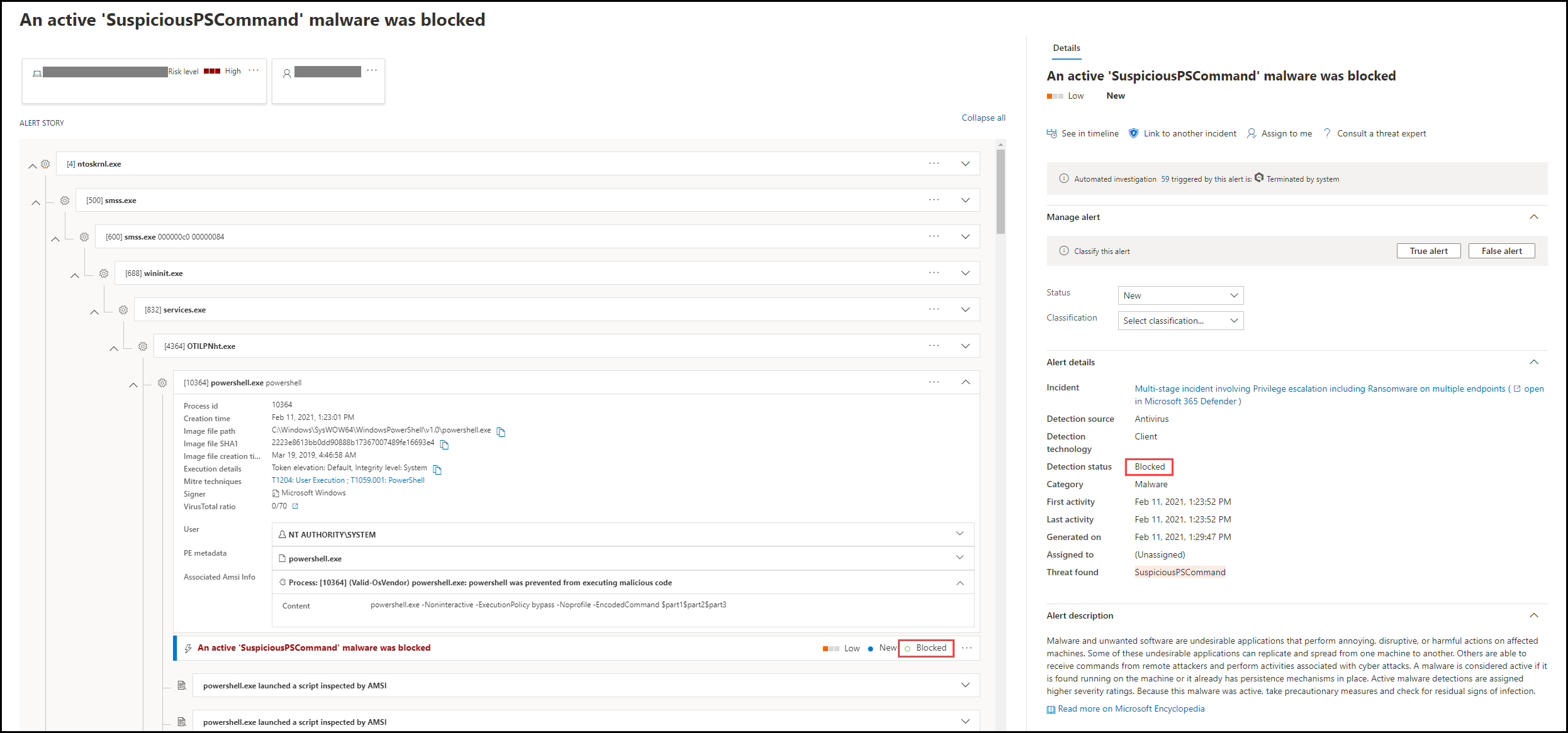 The page showing the blockage of a threat
