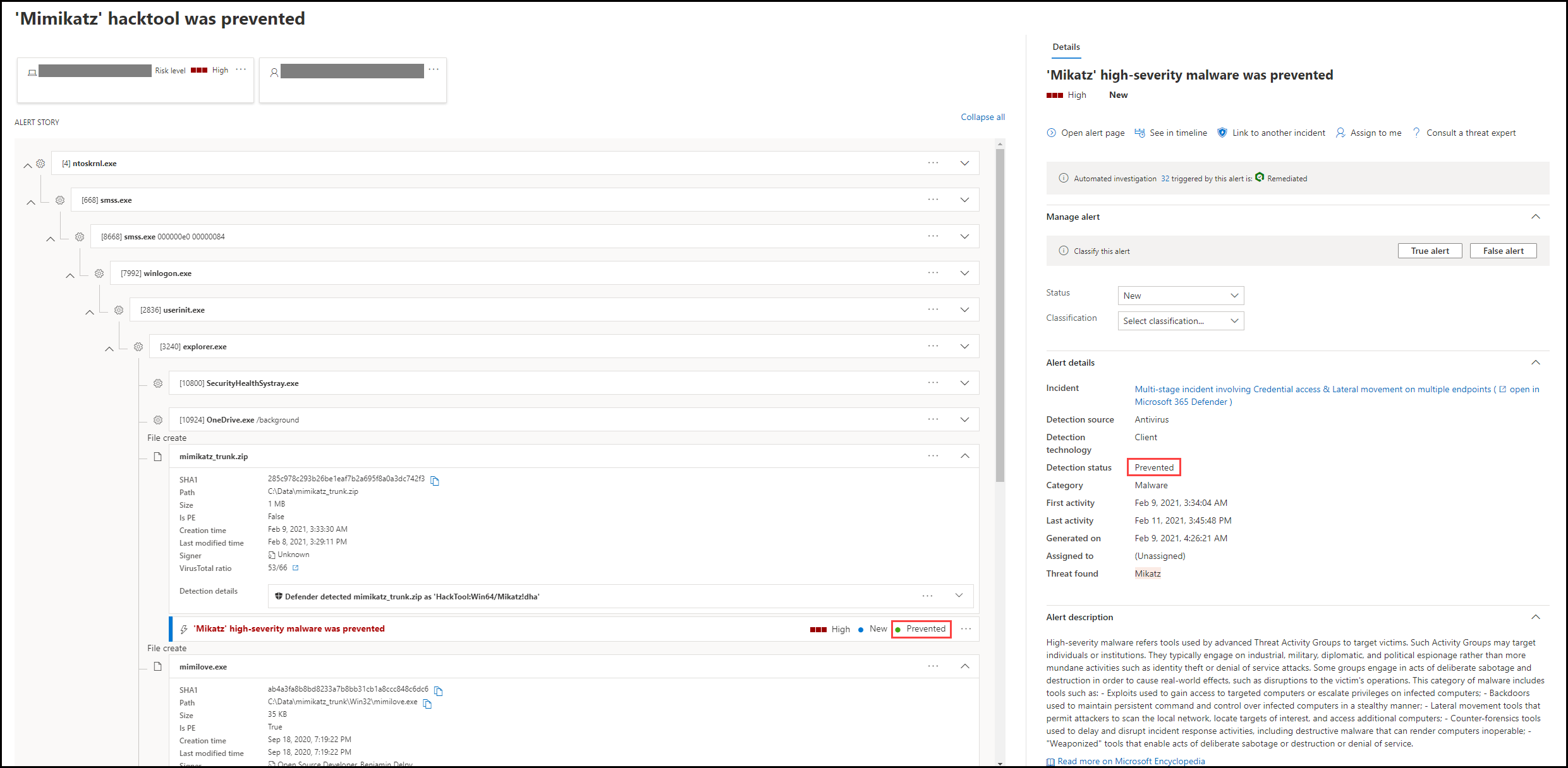 The page showing the prevention of a threat