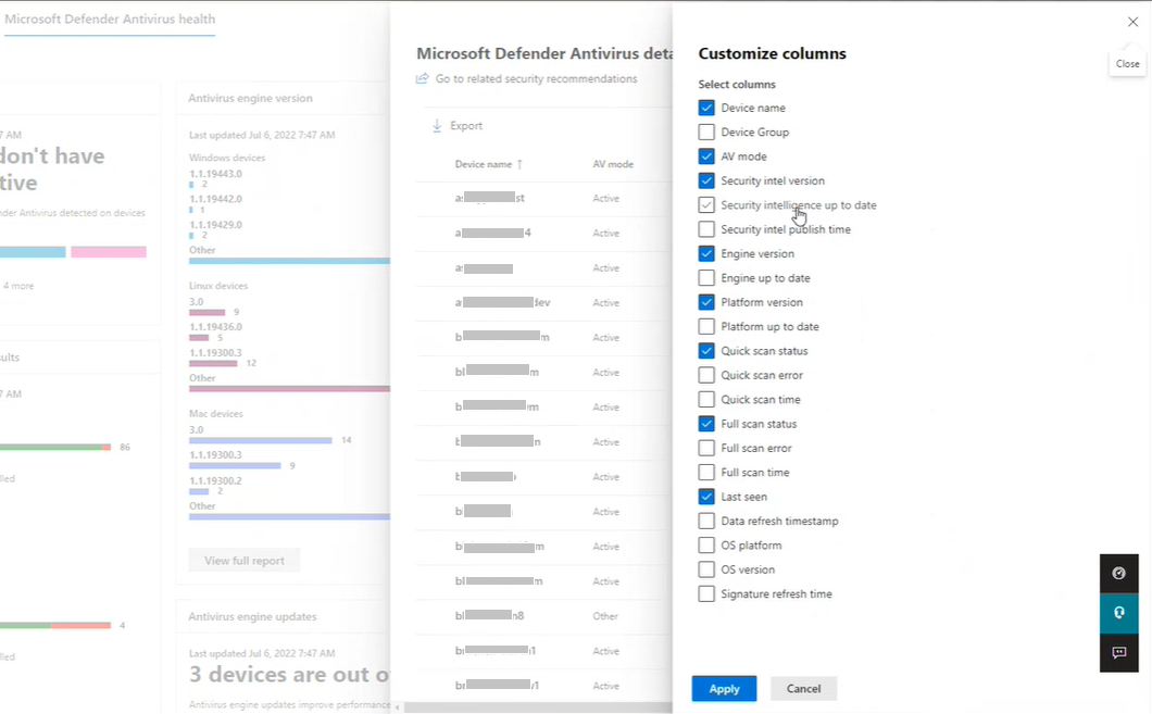 Shows custom column options for Microsoft Defender Antivirus health reporting.