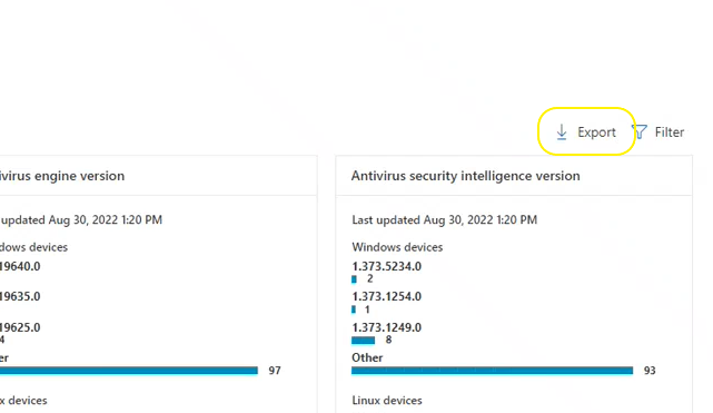 Screenshot that shows the top-level export report button.
