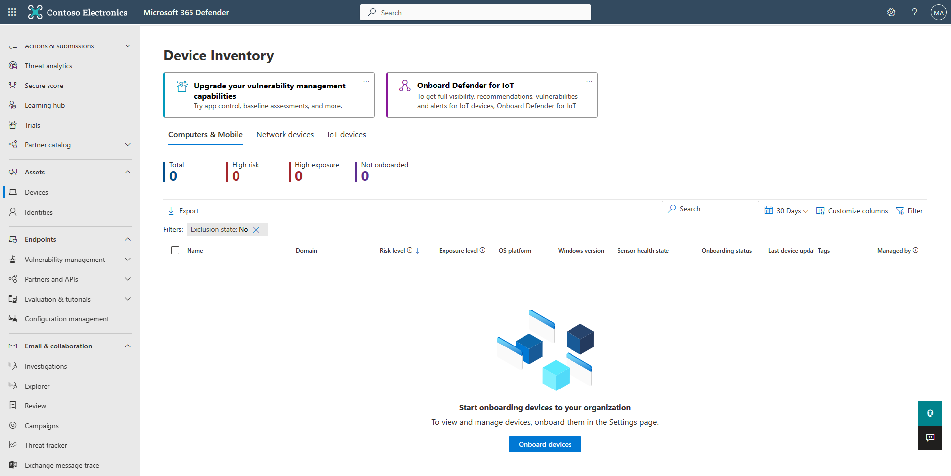 Screenshot showing device inventory page with no device onboarded yet.