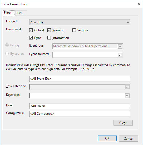 The Event Viewer log filter