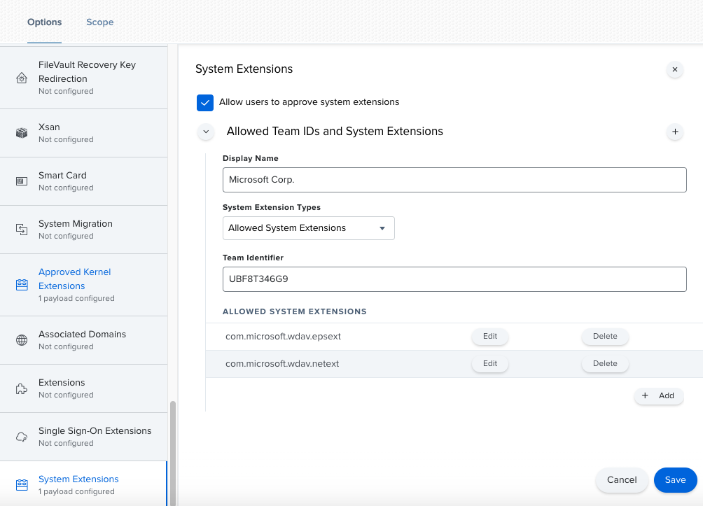 The Approved system extensions page