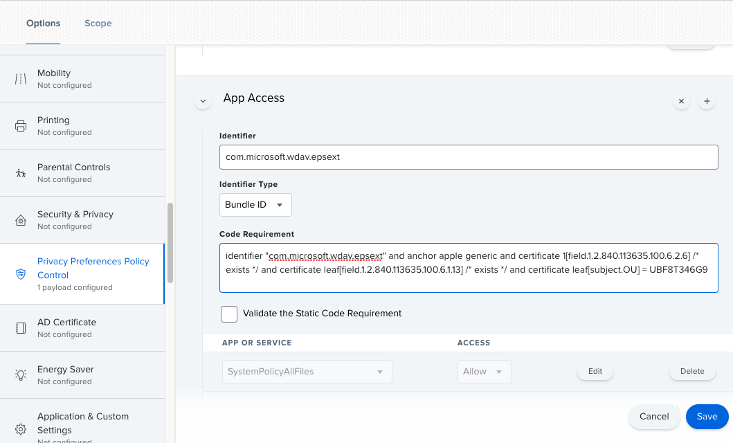 The Privacy Preferences Policy Control menu item