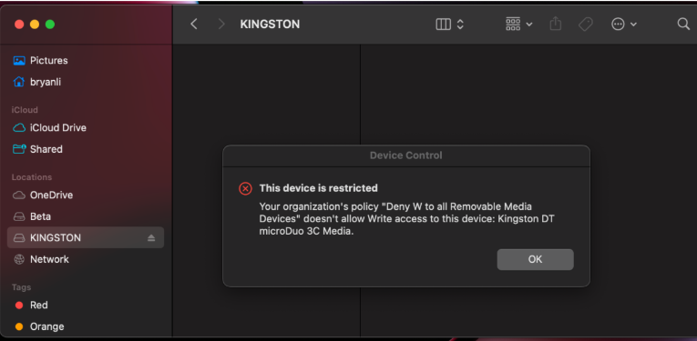 Screenshot that shows a Device Control Dialog that indicates the USB device is restricted