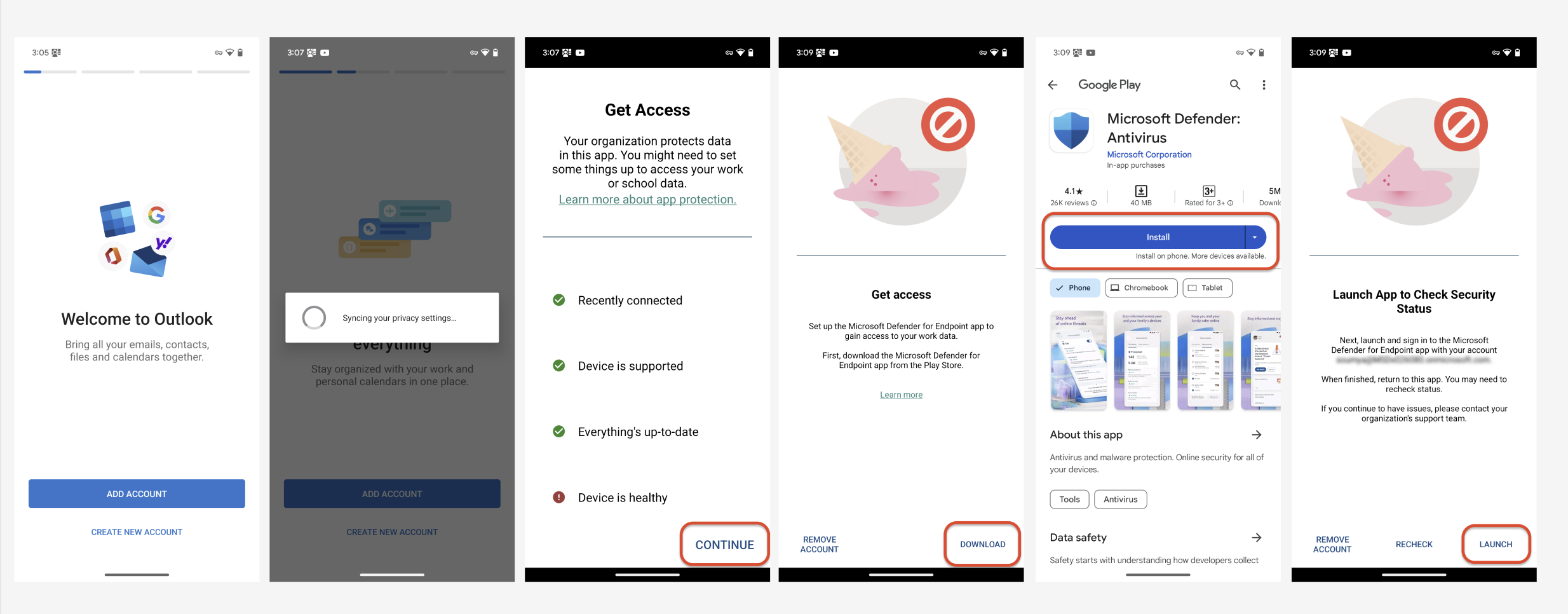 Shows the procedure of downloading Microsoft Defender: Antivirus (Mobile) app.