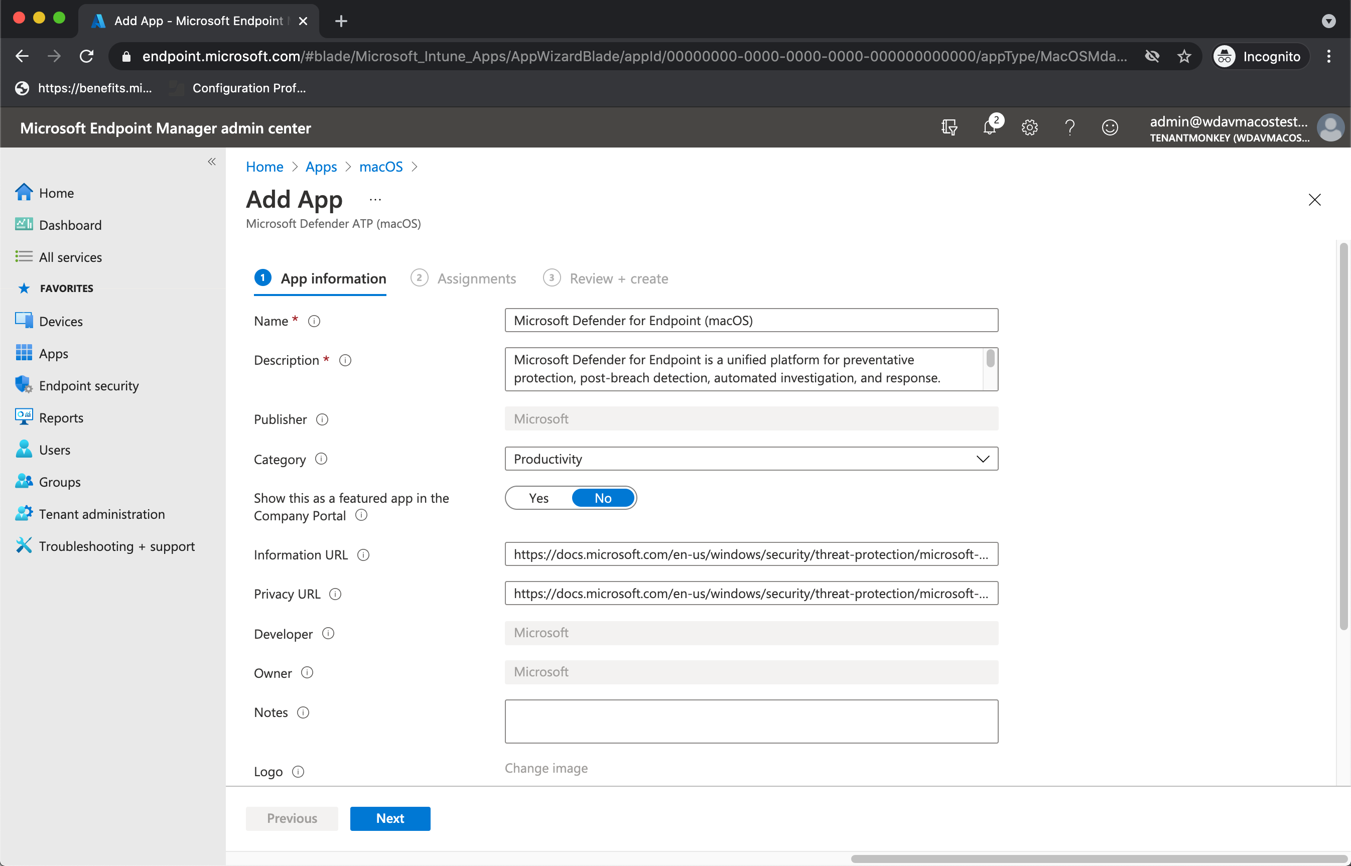 Screenshot that shows the application properties page.