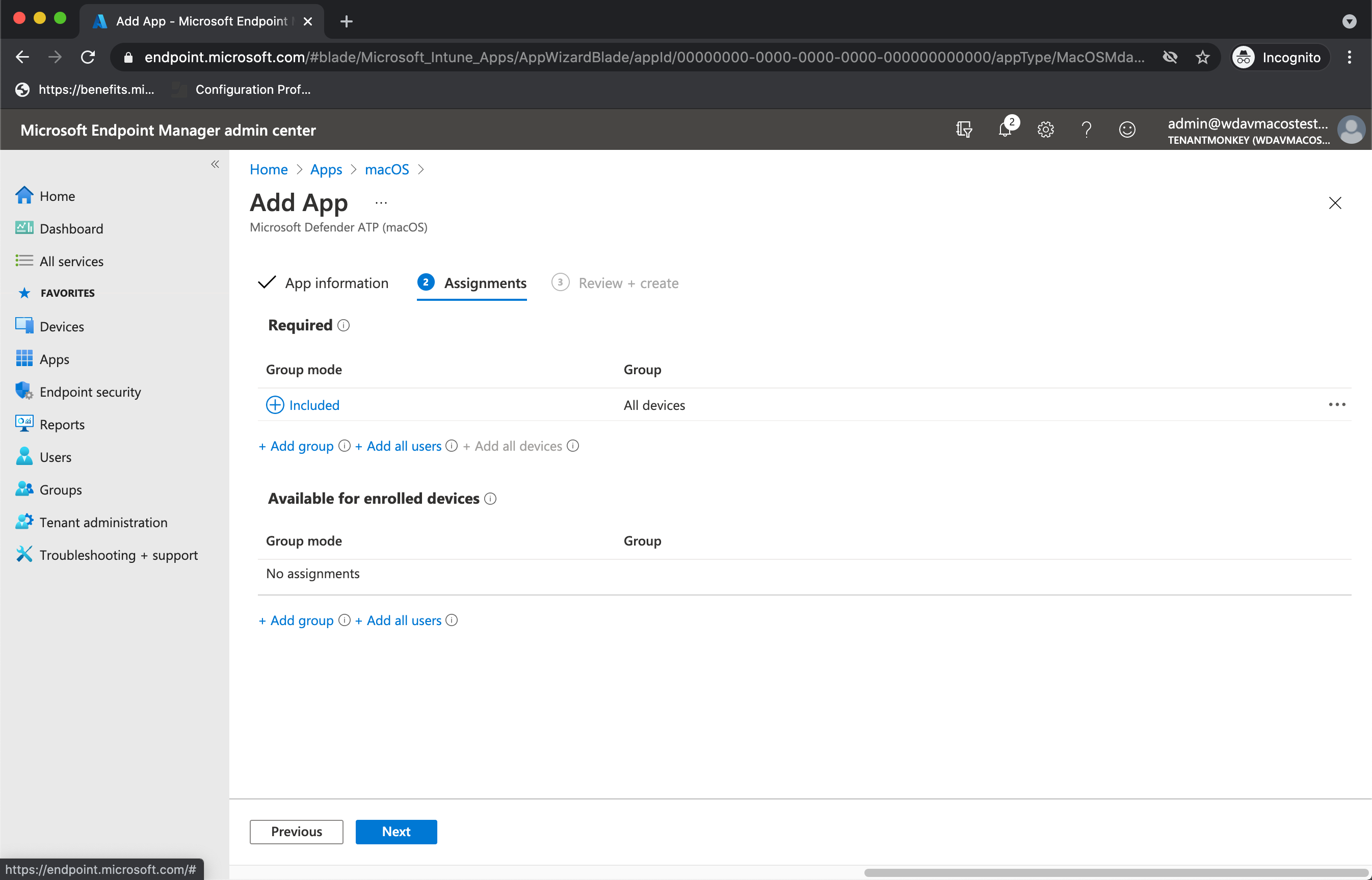 Screenshot that shows the Intune assignments information page.