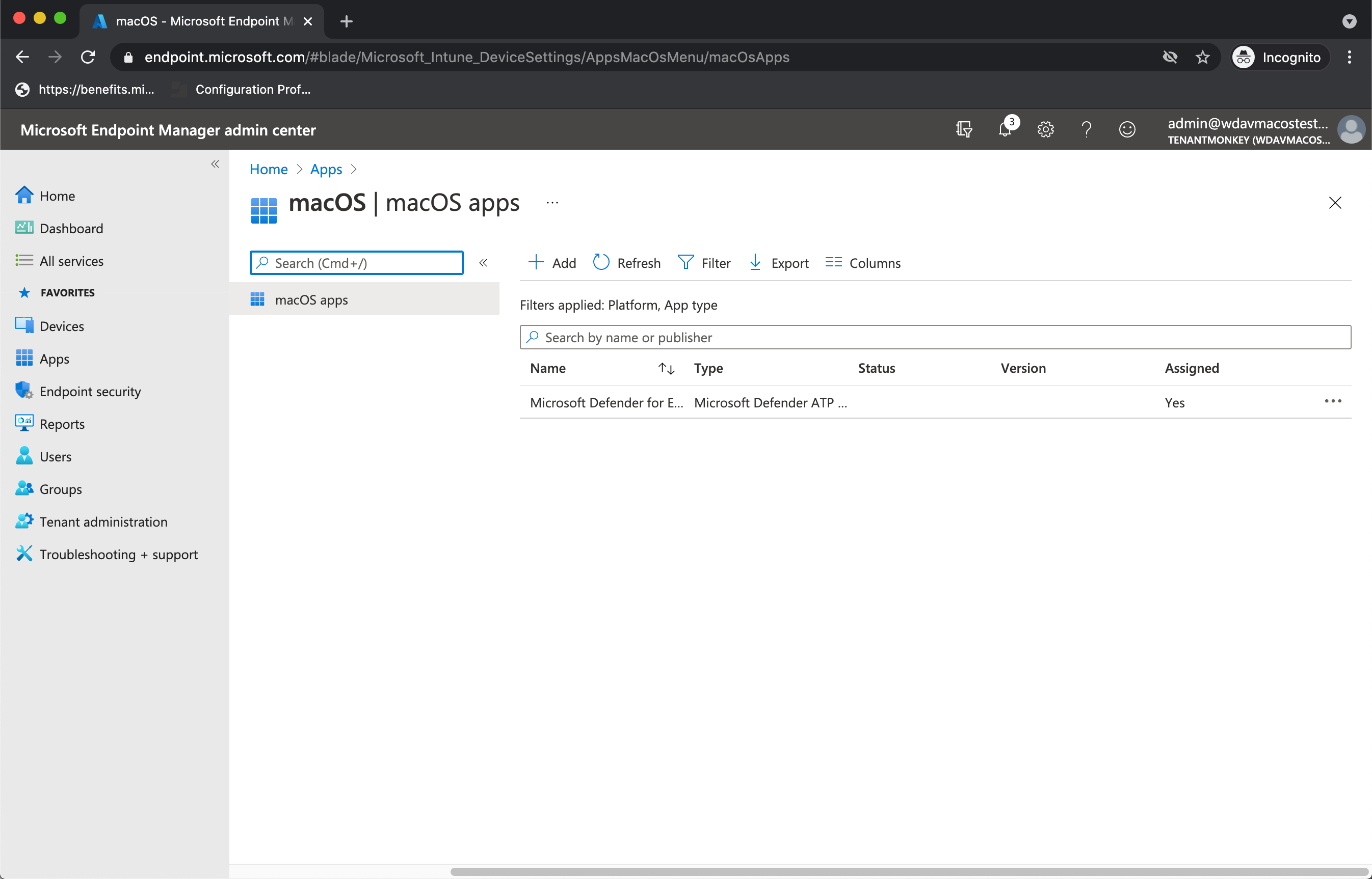 Screenshot that shows the application lists page.