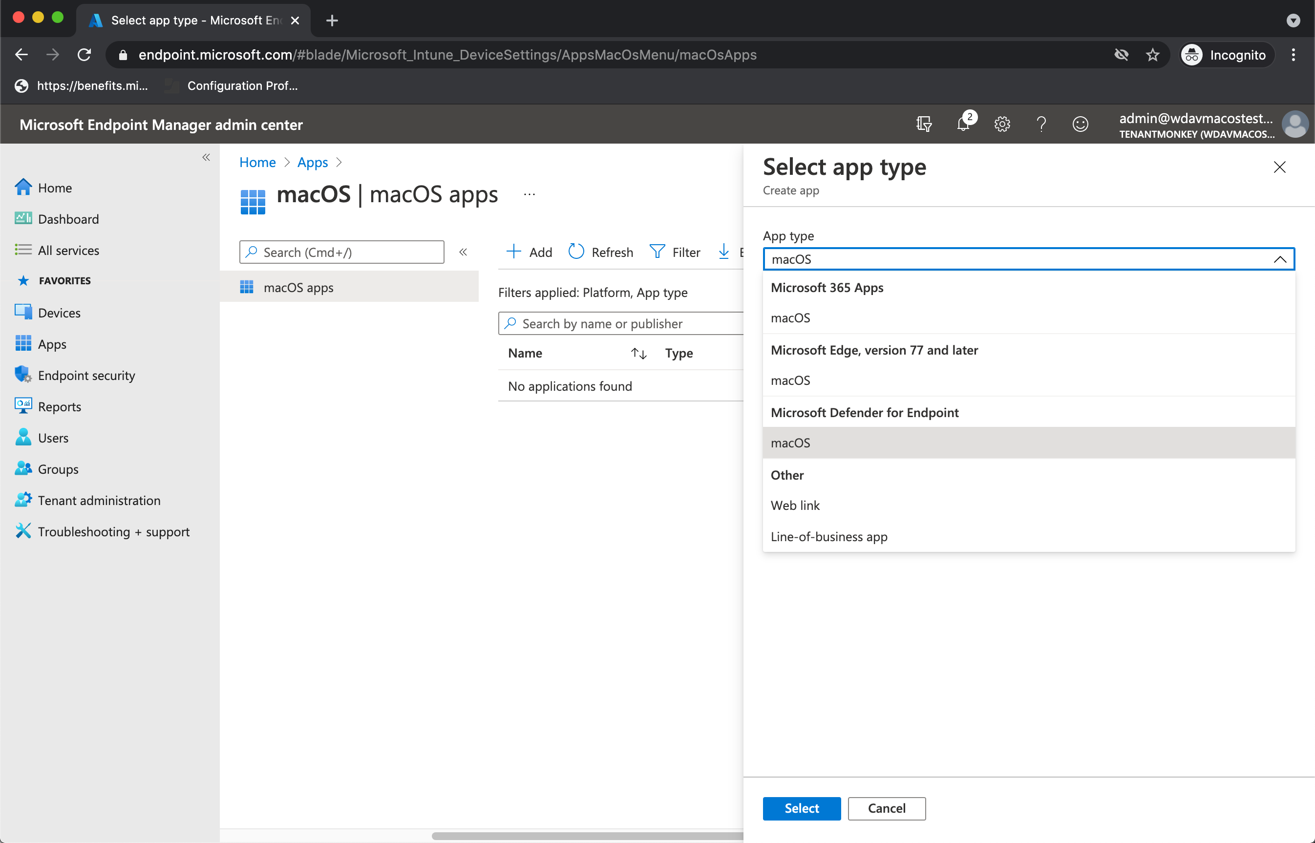 Screenshot that shows the specific application type.