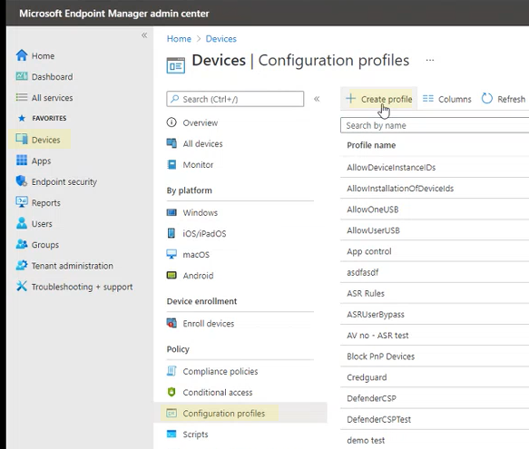 The Create profile page in the Microsoft Intune admin center portal.