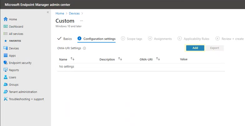 Screenshot showing the configuration settings in the Microsoft Intune admin center portal.