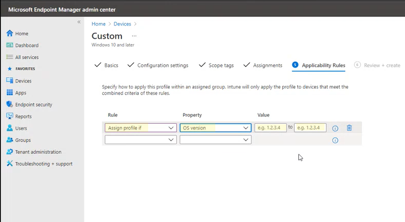 The applicability rules in the Microsoft Intune admin center portal.