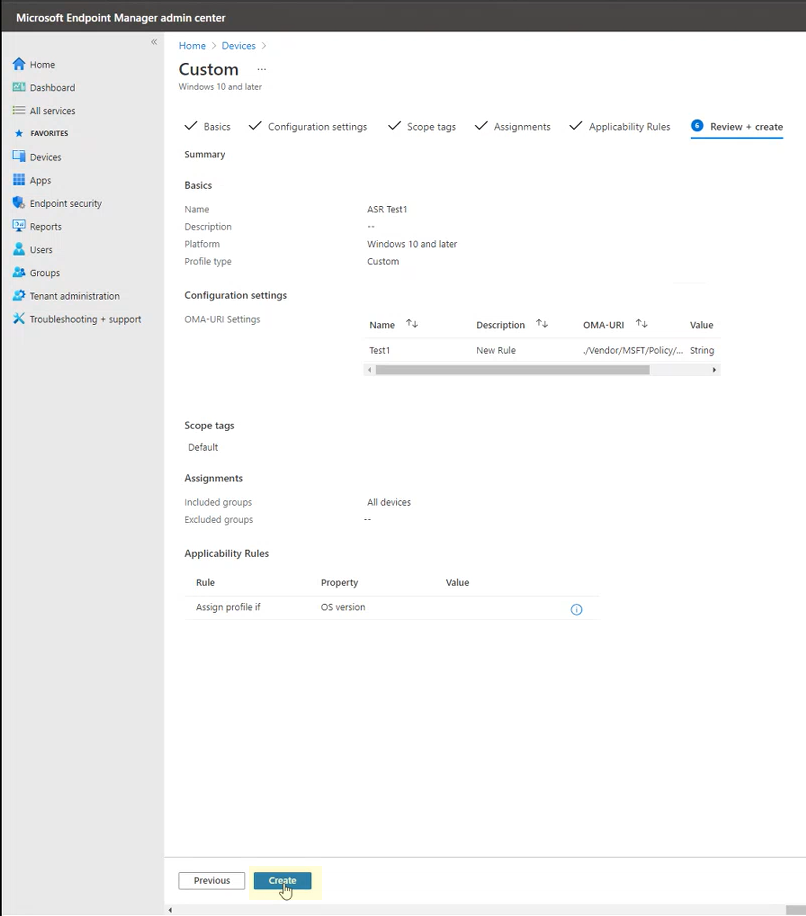 Screenshot showing the Review and create option in the Microsoft Intune admin center portal.
