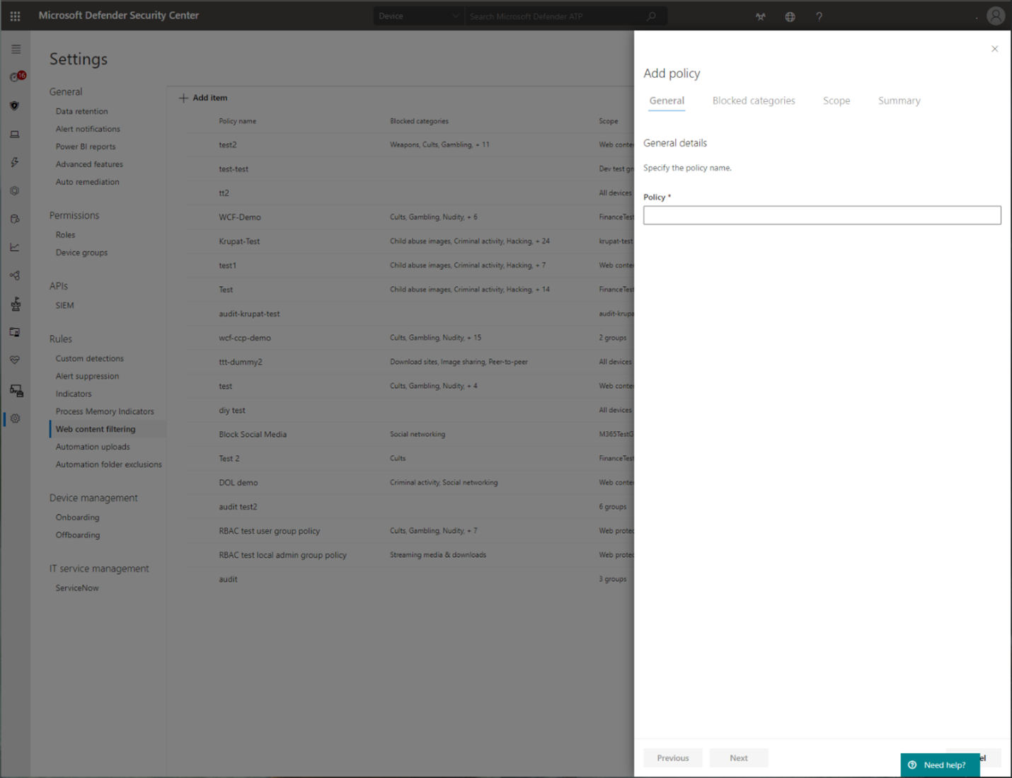 Shows network protection web content filtering add policy.
