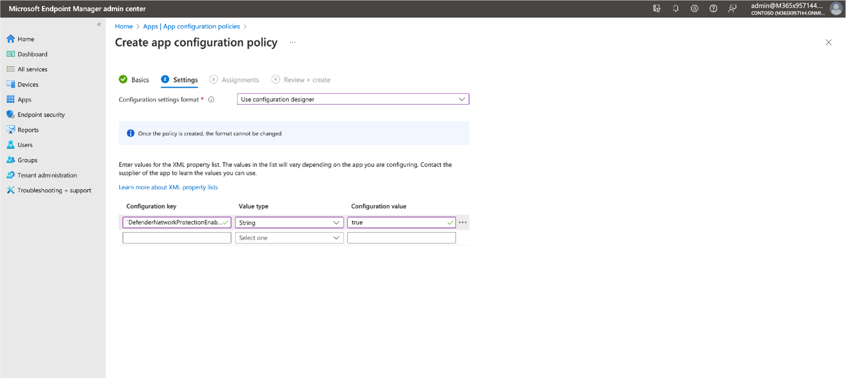 Screenshot that shows the mdm configuration policy.