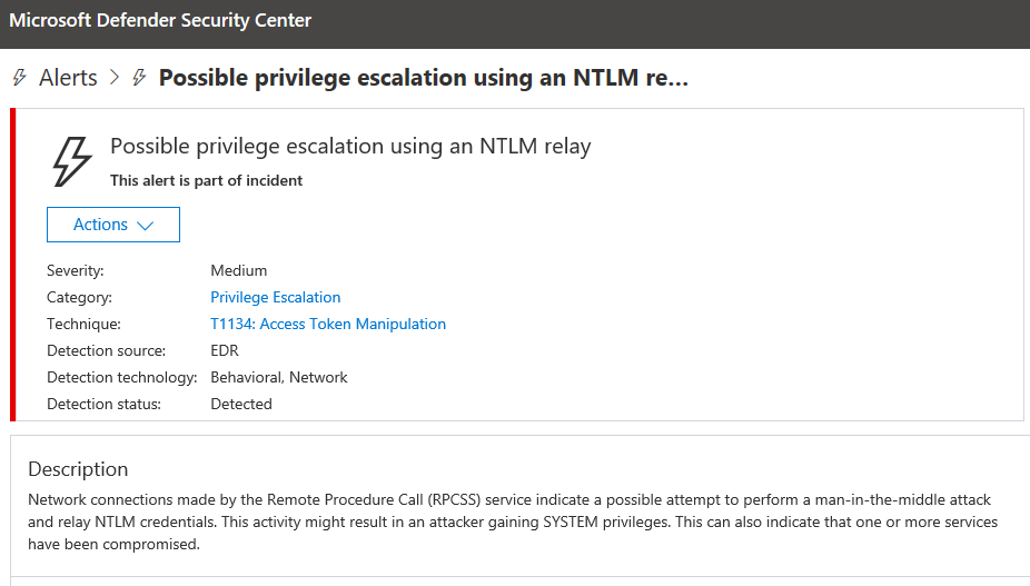 An NTLM alert for Juicy Potato malware
