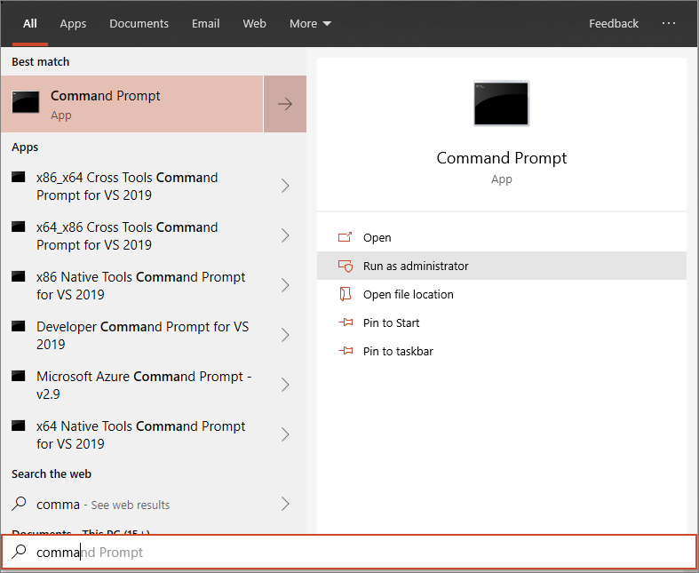 The Window Start menu pointing to Run as administrator