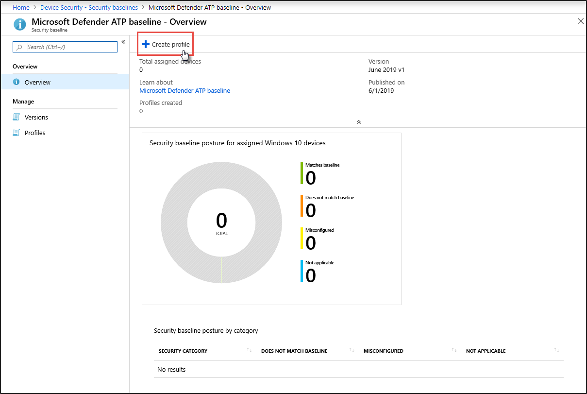 The Create profile tab in the Microsoft Defender for Endpoint security baseline overview on Intune