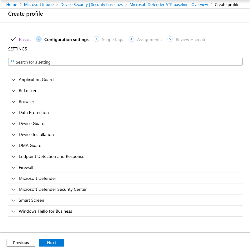 The Security baseline options during profile creation on Intune
