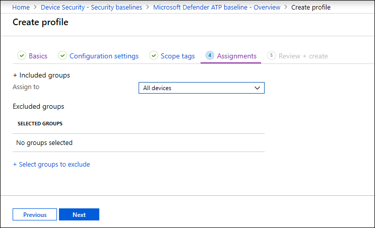 The Security baseline profiles on Intune